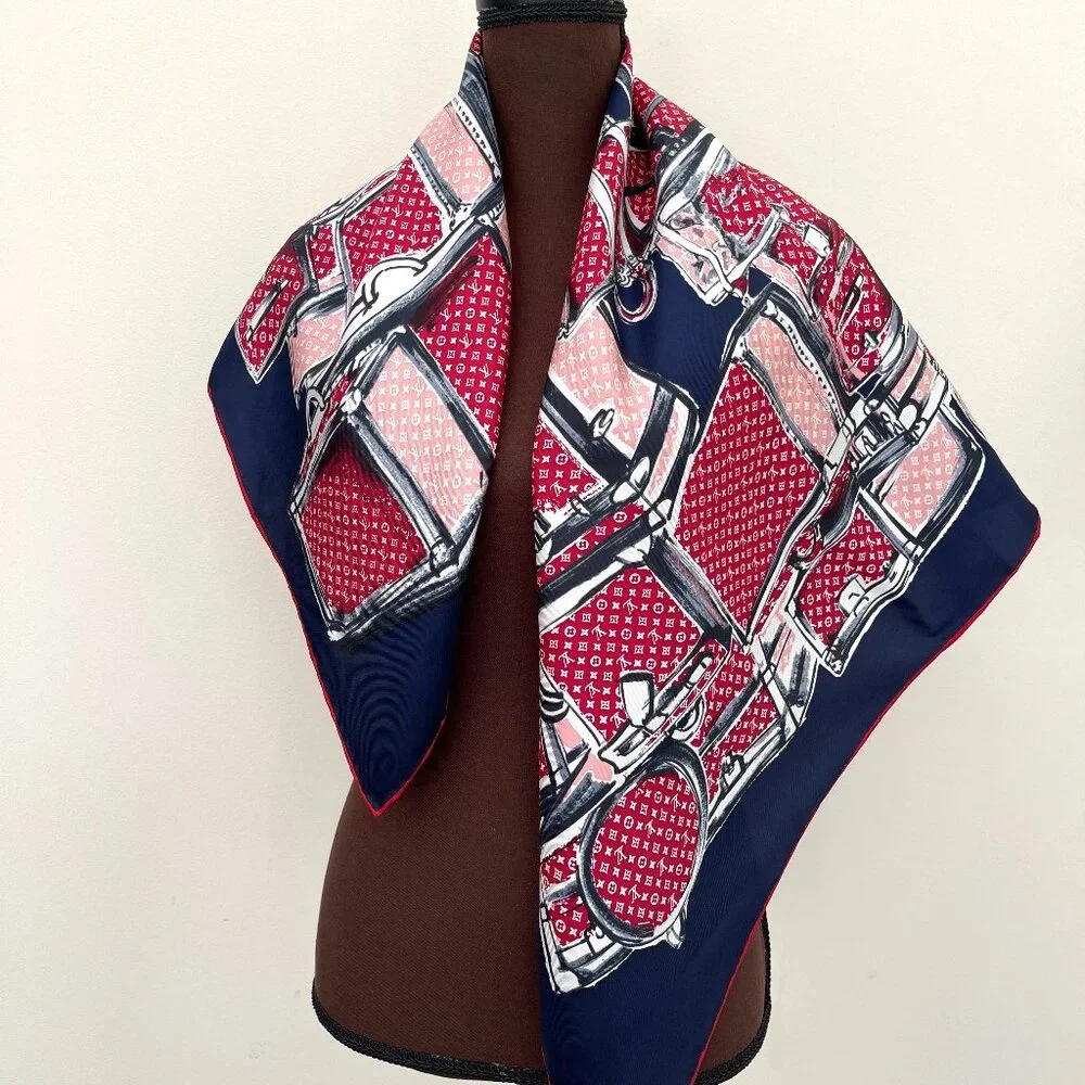 Louis Vuitton Scarf Trunks Luggage Monogram Blue Red Silk Wrap